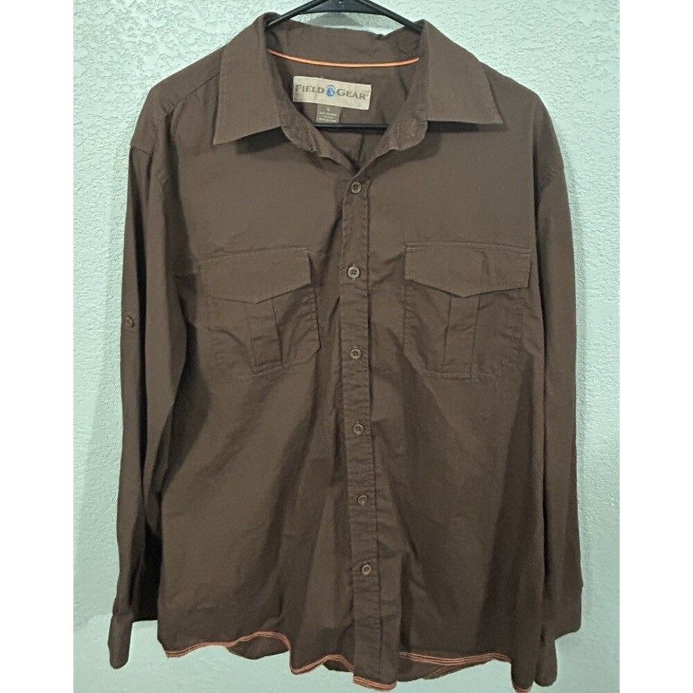 Field Gear Men's Shirt Organic Cotton Brown Utility Cargo Long Sleeve Sz Large